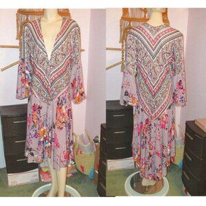 Umgee Hippie Boho Longline Kimono Duster Size M Pleated Bell Sleeves Artsy Layer